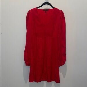 Maje Red v-neck satin leopard fit and flare balloon sleeve dress